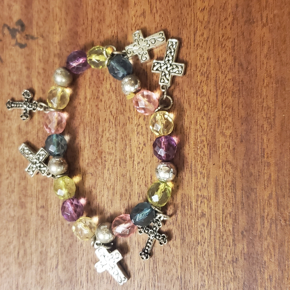 Pink and Yellow Beaded Cross Bracelet